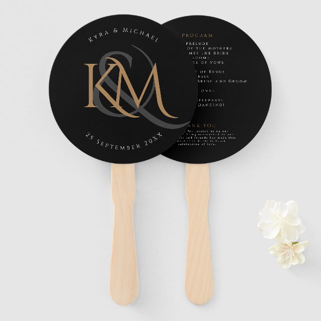 Black Gold Monogram Modern Elegant Wedding Program Hand Fan (Front and Back)
