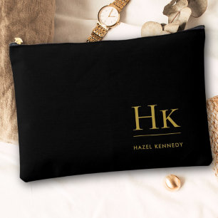 Black Gold Monogram Modern Minimalist Elegant Accessory Pouch