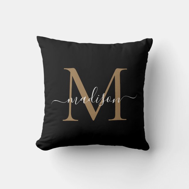 Black Gold Monogram Modern Stylish Feminine Script Cushion (Front)