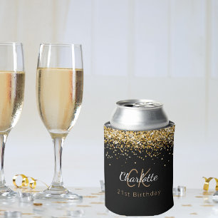 Black gold monogram name birthday can cooler