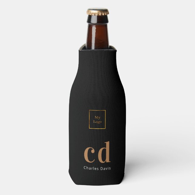 Black gold monogram name business logo bottle cooler (Bottle Front)