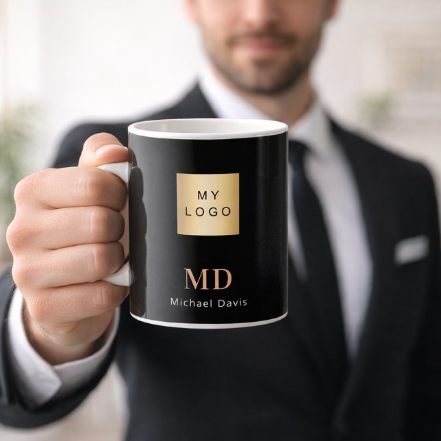 Black gold monogram name business logo coffee mug (Creator Uploaded)