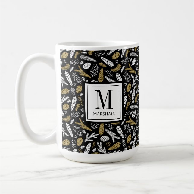 Black Gold Monogram Name Christmas Holiday Coffee Mug (Left)