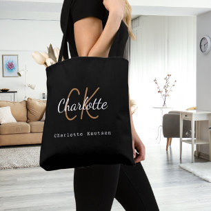 Black gold monogram name initials script tote bag