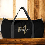 Black Gold Monogram Name Script Sports Duffle Bag<br><div class="desc">Stay stylish on the go with the Black Gold Monogram Name Script Sports Duffle Bag. Designed with a sleek black background and a personalised gold monogram in elegant script, this versatile bag combines fashion and function. Featuring a spacious main compartment, durable straps, and multiple pockets, it’s perfect for the gym,...</div>