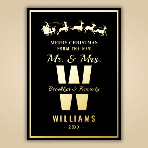 Black Gold Monogram Newlywed Mr And Mrs Christmas Foil Holiday Card