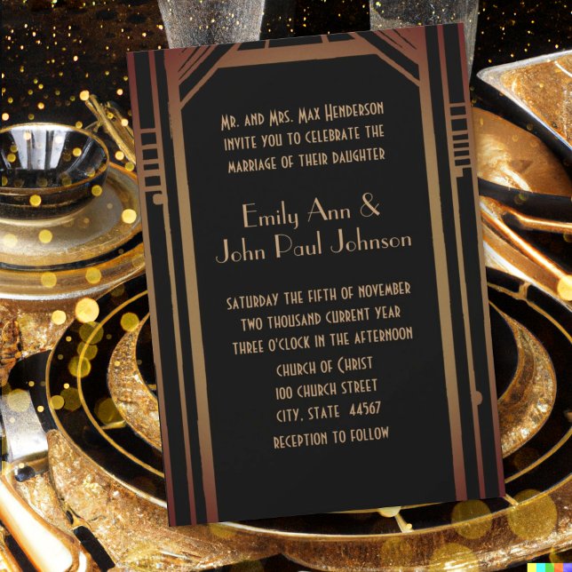 Black & Gold Monogram on Back Art Deco Wedding  Invitation (Creator Uploaded)