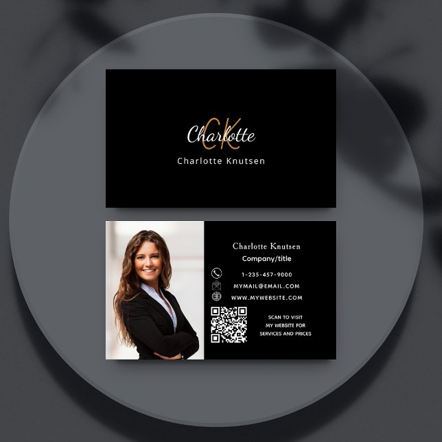 Black gold monogram photo Qr code Business Card (Creator Uploaded)