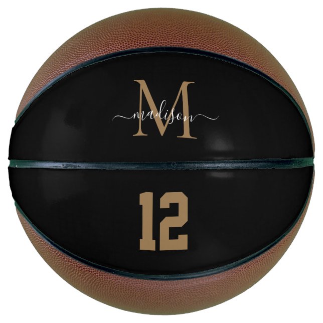Black Gold Monogram Player Number Girly Script Basketball (Front)