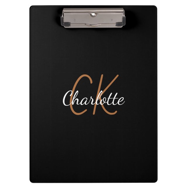Black gold monogram script elegant minimalist clipboard (Front)