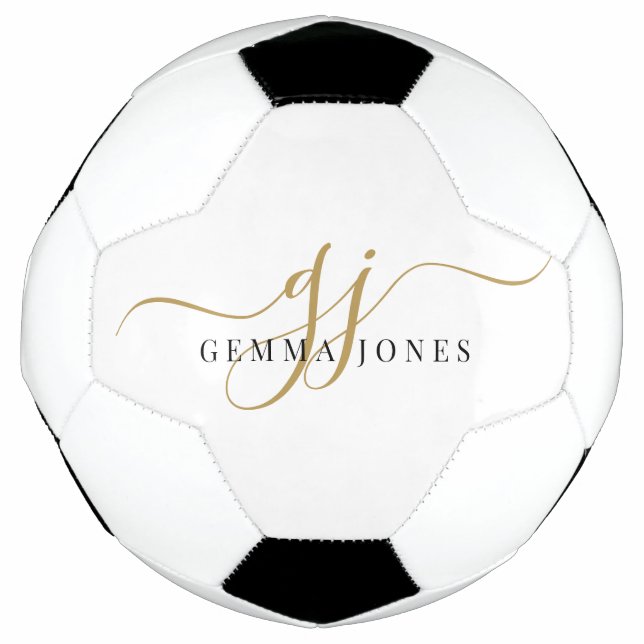 Black Gold Monogram Script Name  Soccer Ball (Front)