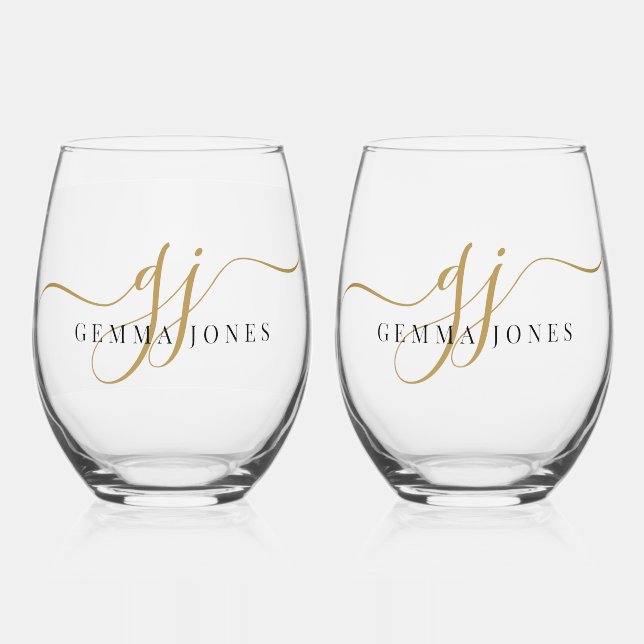 Black Gold Monogram Script Name  Stemless Wine Glass (Front)