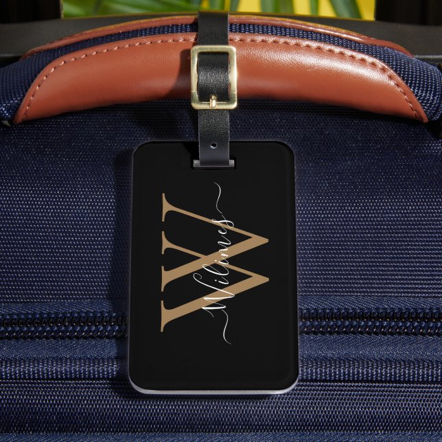 Black Gold Monogram Script Name Stylish Luggage Tag (Front Insitu 2)