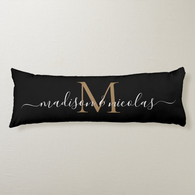 Black Gold Monogram Script Newlywed Anniversary Body Cushion (Front)