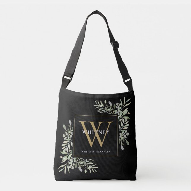 Black Gold Monogram Watercolor Greenery Crossbody Bag (Front)