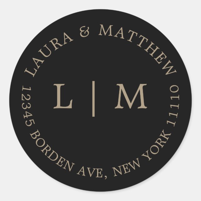 Black Gold Monogram Wedding Classic Round Sticker (Front)