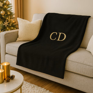 Black gold monogrammed initials luxury fleece blanket