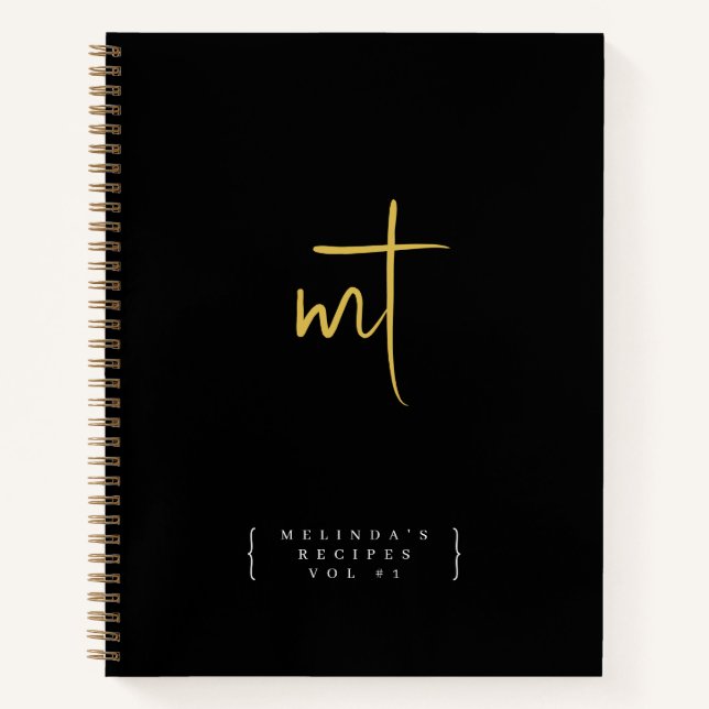 Black Gold Monogrammed Initials Script Recipe Notebook (Front)