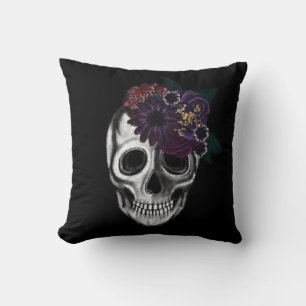 Black & Gold Moody Floral Halloween Skull Cushion