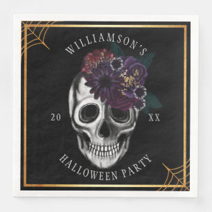 Black & Gold Moody Floral Halloween Skull Party Napkin