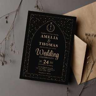 Black & Gold Moon and Star Arch Celestial Wedding Invitation
