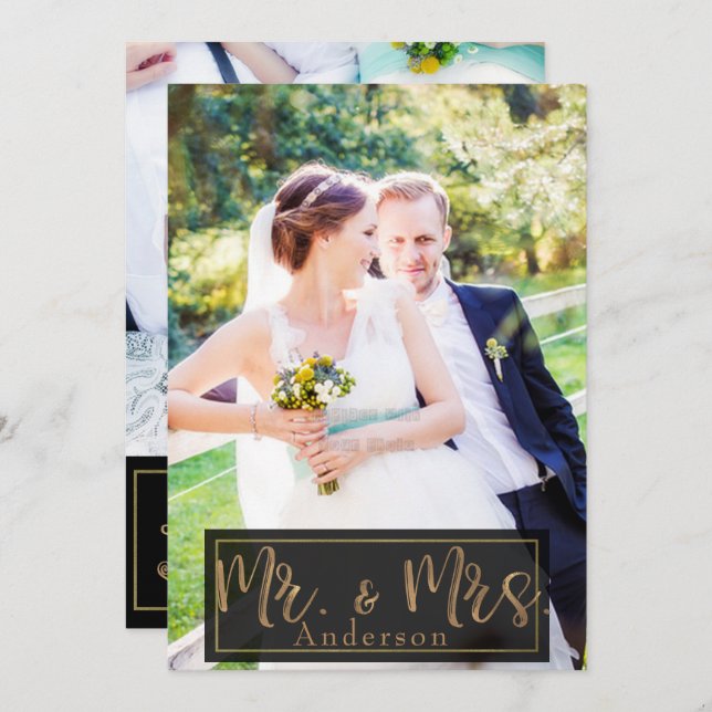 Black & Gold Mr. & Mrs. Wedding Photo Thank You Invitation (Front/Back)
