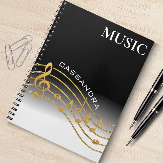 Black & Gold Music Note Scale Notebook (black and white ombre spiral notebook with gold music scale )