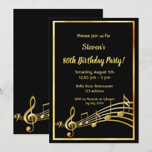 Black gold music notes birthday invitation