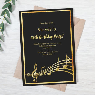 Black gold music notes birthday invitation