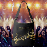 Black gold music notes musician name crossbody bag<br><div class="desc">Simple and elegant for a music lover or musician! Black background with faux gold music notes. Template for your name,  golden letters.</div>