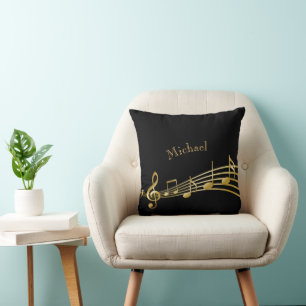 Black gold music notes name cushion