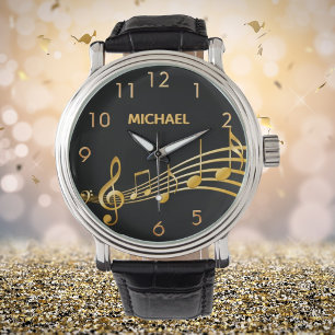 Black gold music notes name watch