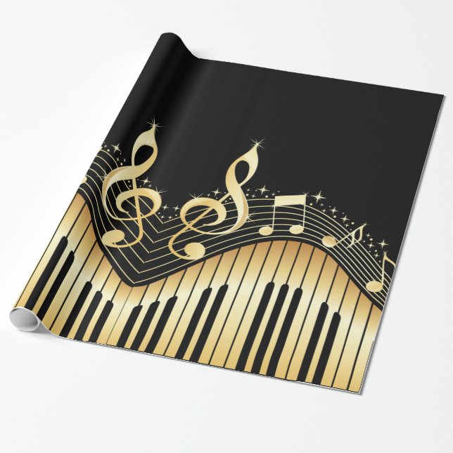 Black & Gold Music Notes Wrapping Paper (Unrolled)