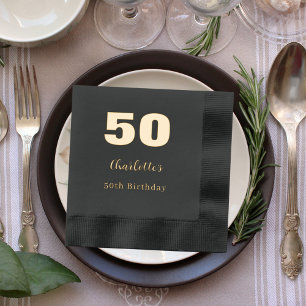 Black gold name elegant birthday party foil napkins
