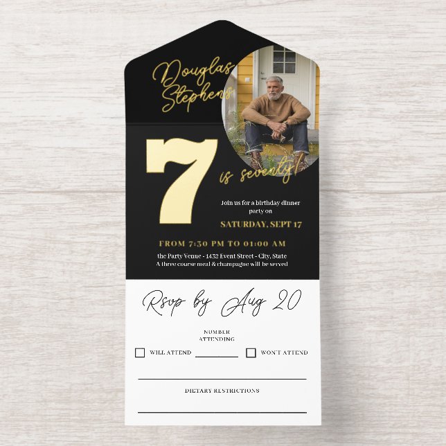 Black Gold Name Photo Milestone Birthday All In One Invitation (Inside)