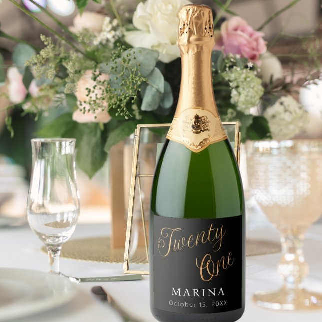 Black gold name script 21st birthday sparkling wine label (Creator Uploaded)