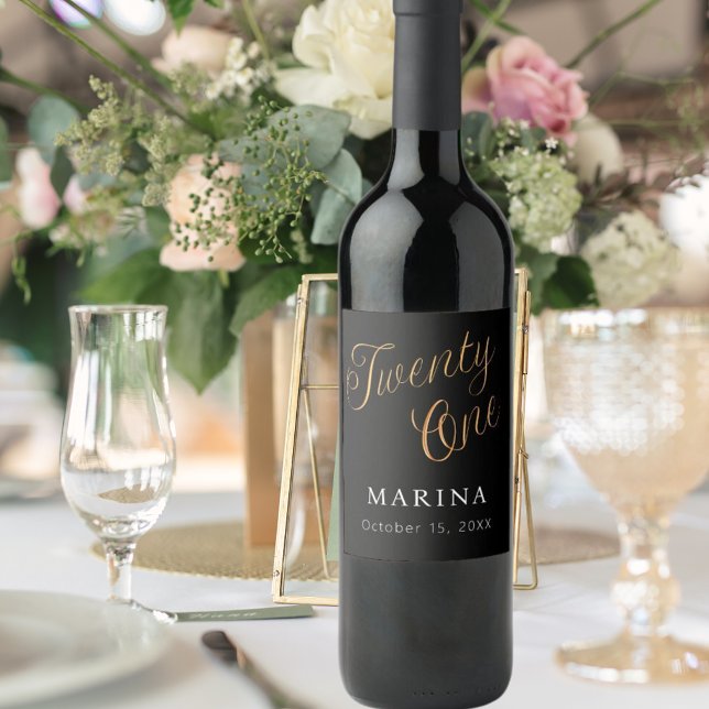 Black gold name script 21st birthday wine label (Creator Uploaded)