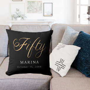 Black gold name script 50th birthday cushion