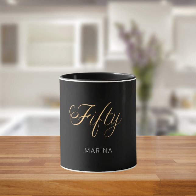 Black gold name script 50th birthday mug (Creator Uploaded)