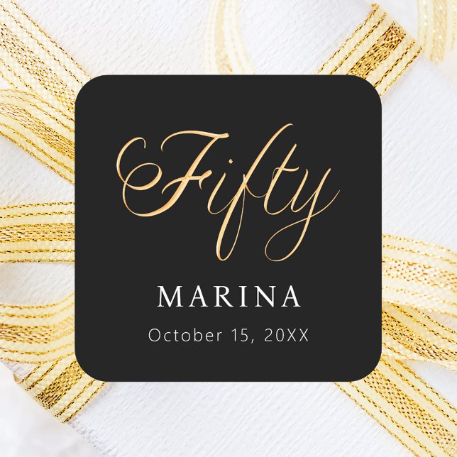 Black gold name script 50th birthday square sticker (Creator Uploaded)