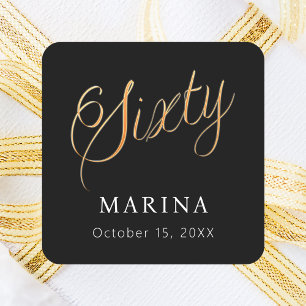 Black gold name script 60th birthday square sticker