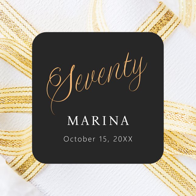Black gold name script 70th birthday square sticker (Creator Uploaded)