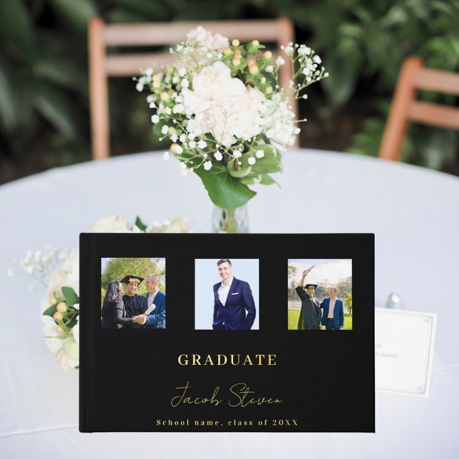 Black gold name script photo Graduation Guest Book (Creator Uploaded)