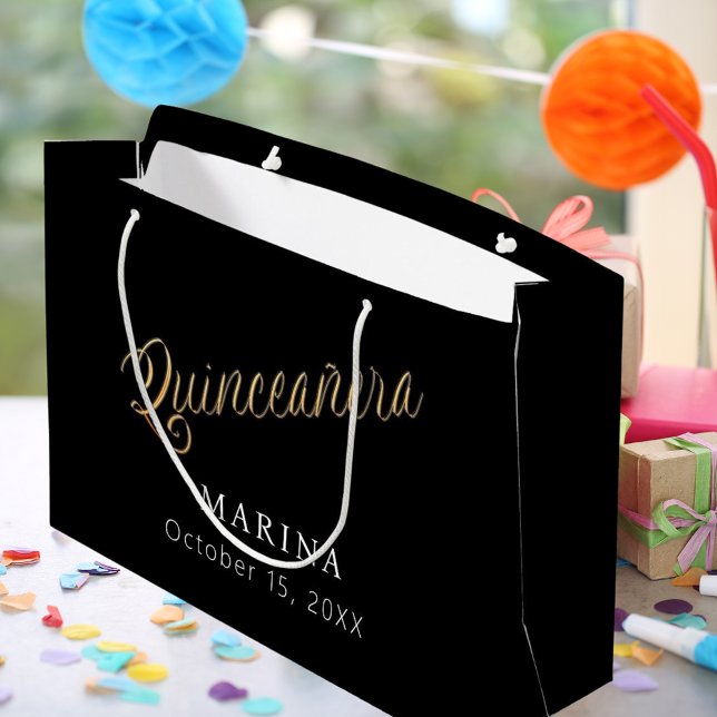 Black gold name script Quinceanera Large Gift Bag (Creator Uploaded)