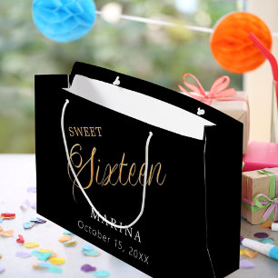 Black gold name script Sweet 16 Large Gift Bag