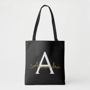 Black Gold Name White Girly Script Monogram Modern Tote Bag