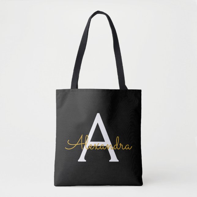 Black Gold Name White Girly Script Monogram Modern Tote Bag (Front)
