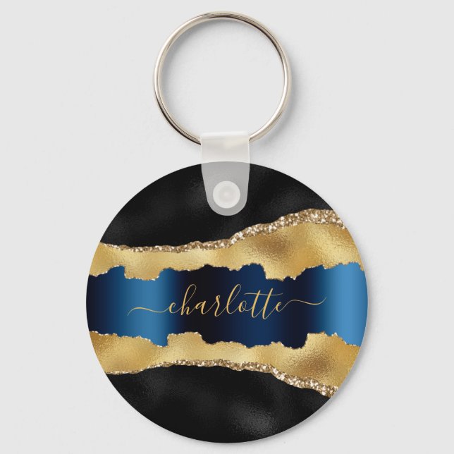 Black gold navy blue agate marble name script  key ring (Front)
