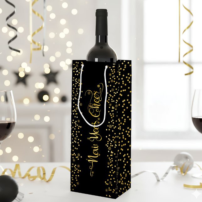 Black Gold New Year Cheer Script Snowflakes Modern Wine Gift Bag (Creator Uploaded)