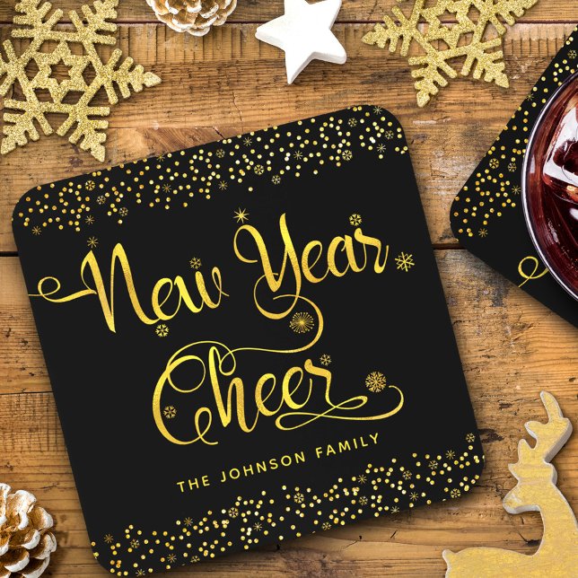 Black Gold New Year Cheer Snowflakes Confetti Name Coaster (Creator Uploaded)
